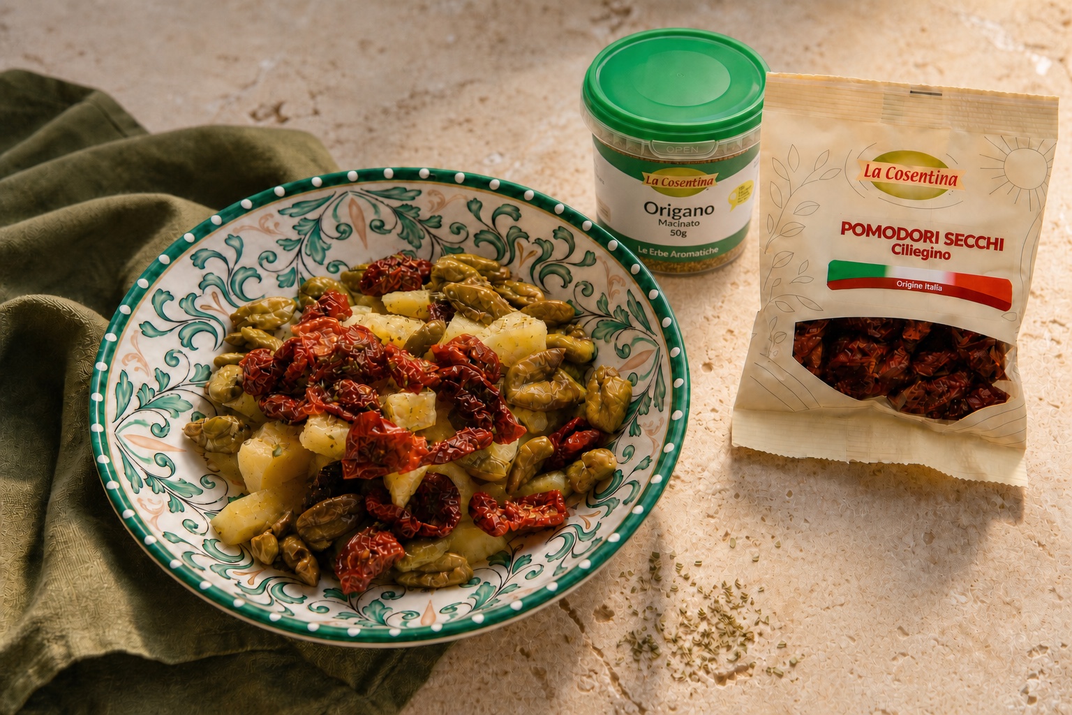 Insalata di patate con Pomodori Secchi Ciliegino, Olive Verdi Schiacciate e Origano Macinato La Cosentina