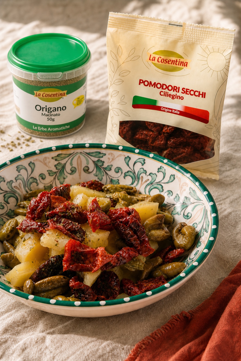 Piatto di patate con Pomodori Secchi Ciliegino e Olive Verdi Schiacciate La Cosentina